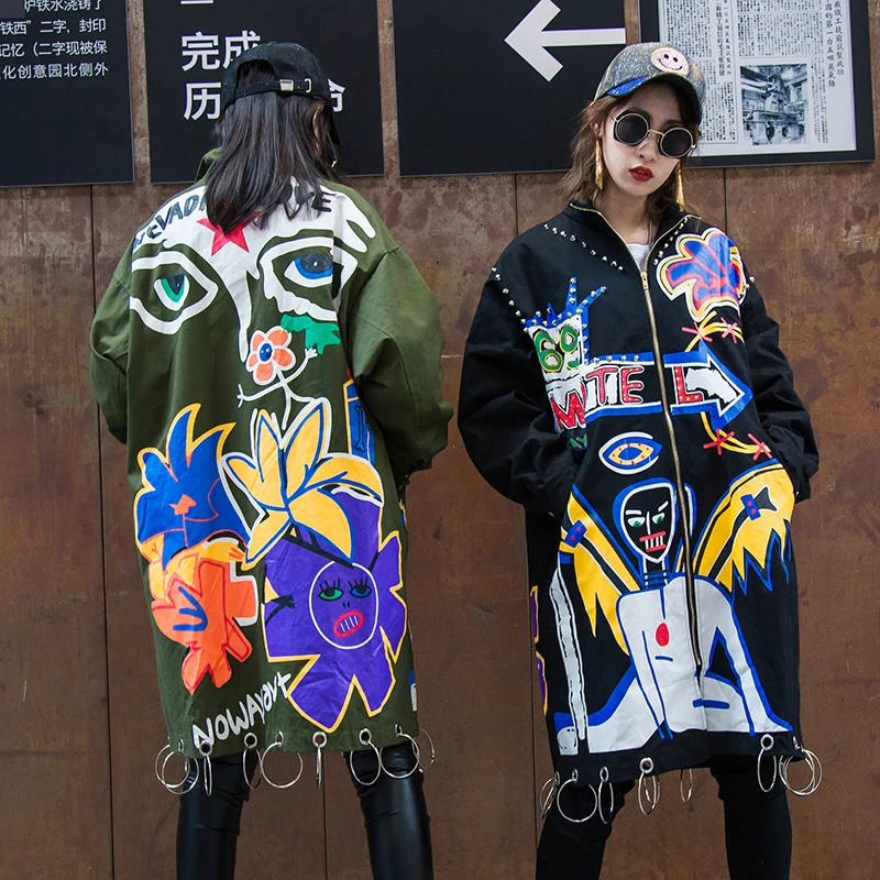 Harajuku заклёпки треч пальто для женщин Военная ветровка верхняя одежда в стиле граффити металлическое кольцо женское длинное свободное армейское зеленое пальто SA098S30