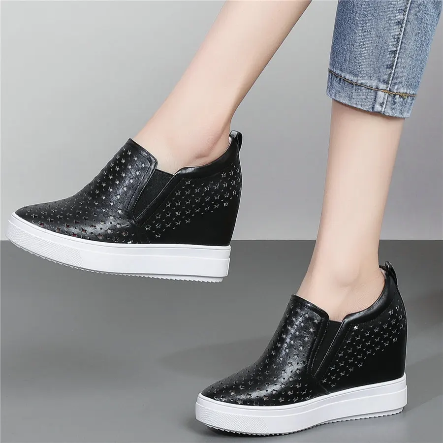 

Fashion Sneakers Women Breathable Genuine Leather Wedges High Heel Vulcanized Shoes Female Round Toe Oxfords Shoes Casual Shoes