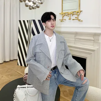 

Male Retro Streetstyle Loose Coat Outerwear Men Vintage Fashion Casual Plaid Cargo Jacket Outerwear