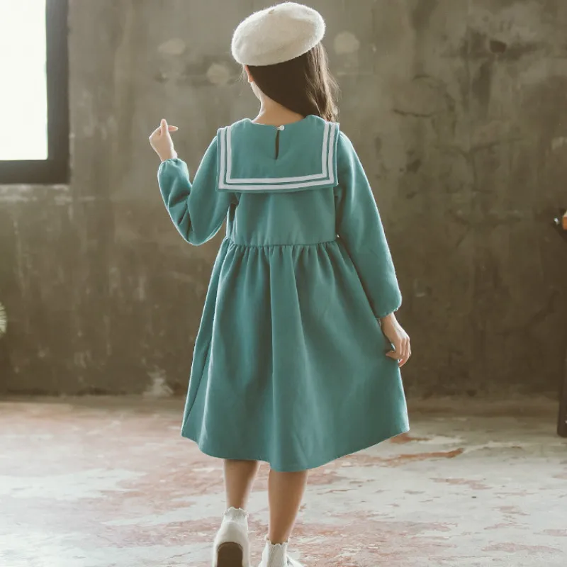Коллекция года, зимние платья для девочек утепленное платье с отложным воротником темно-синие платья для маленьких девочек Детские платья принцессы#8003