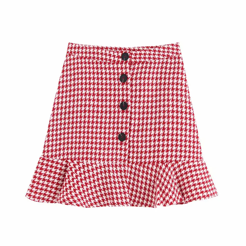 

Women sweet red plaid skirts houndstooth print hem ruffles mini skirt faldas mujer ladies single buttons chic A line skirts