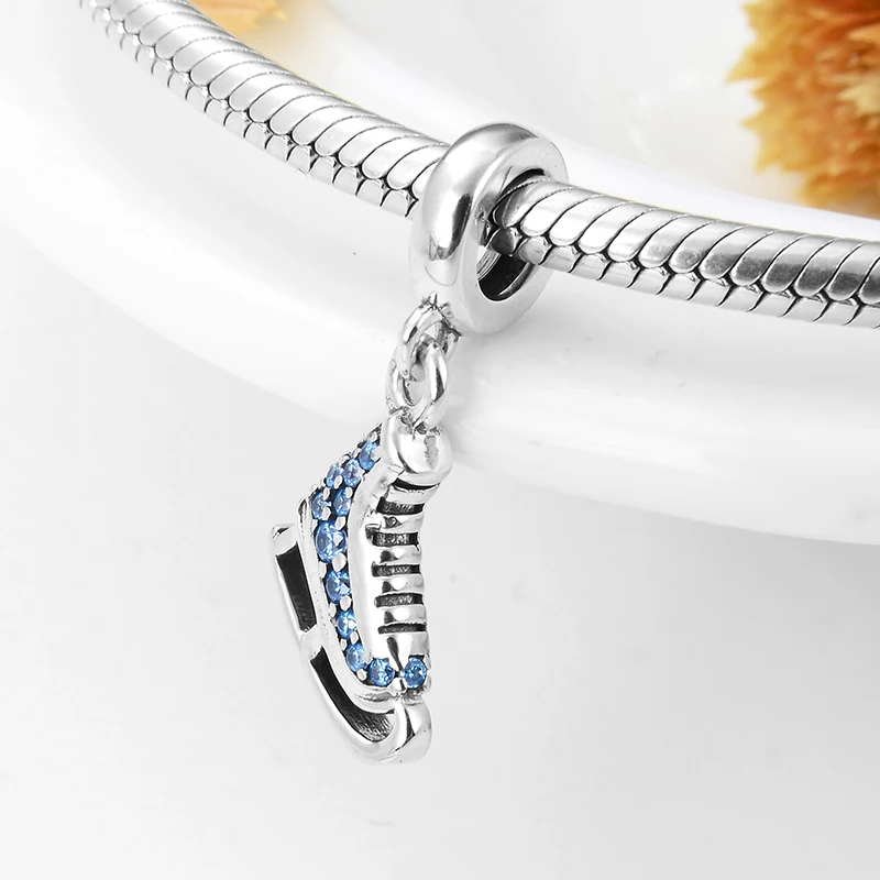 925 стерлингового серебра роликовые коньки Сияющий синий циркон бусины DIY для моды подходят Pandora браслет ожерелье ювелирные изделия