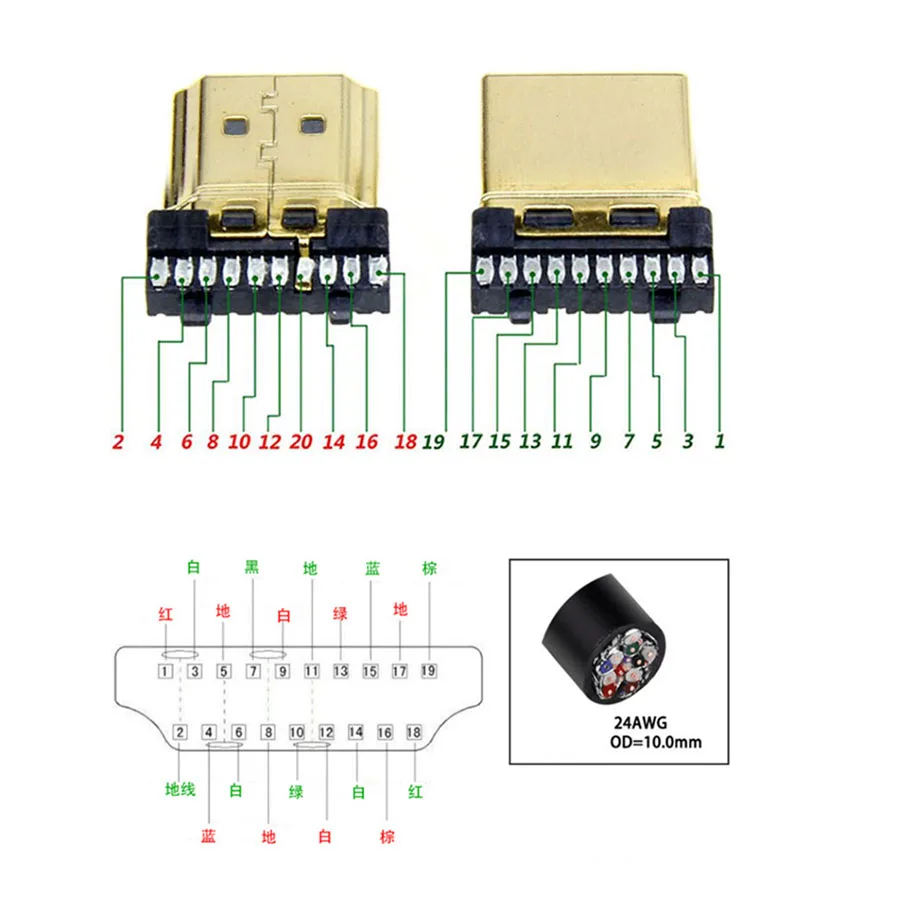 EClyxun 1 шт. DIY Стандартный HDMI сварочный Штекерный соединитель 19 Pin HD Кабельный разъем 19+ 1 позолоченный штекер с термоусадочной трубкой