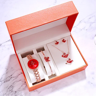 rose gold Рождественский подарок комплекты с часами модный браслет/серьги/ожерелье/кольца умные наборы женские кварцевые часы с оранжевой подарочной коробкой - Цвет: rose gold
