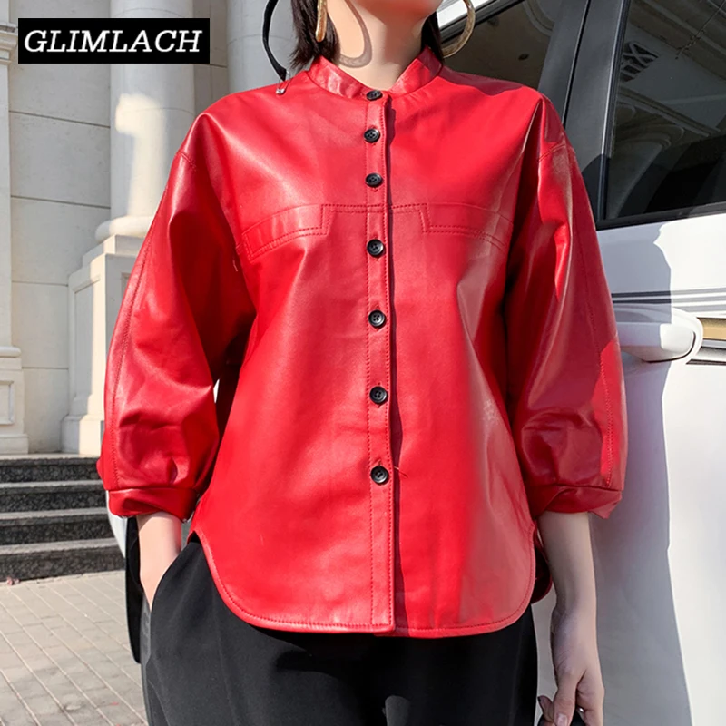 

2019 New Oversize Style Leather Jacket Lady Real Sheepskin Loose Lantern Sleeve Genuine Leather Short Coat Women Casual Clothes