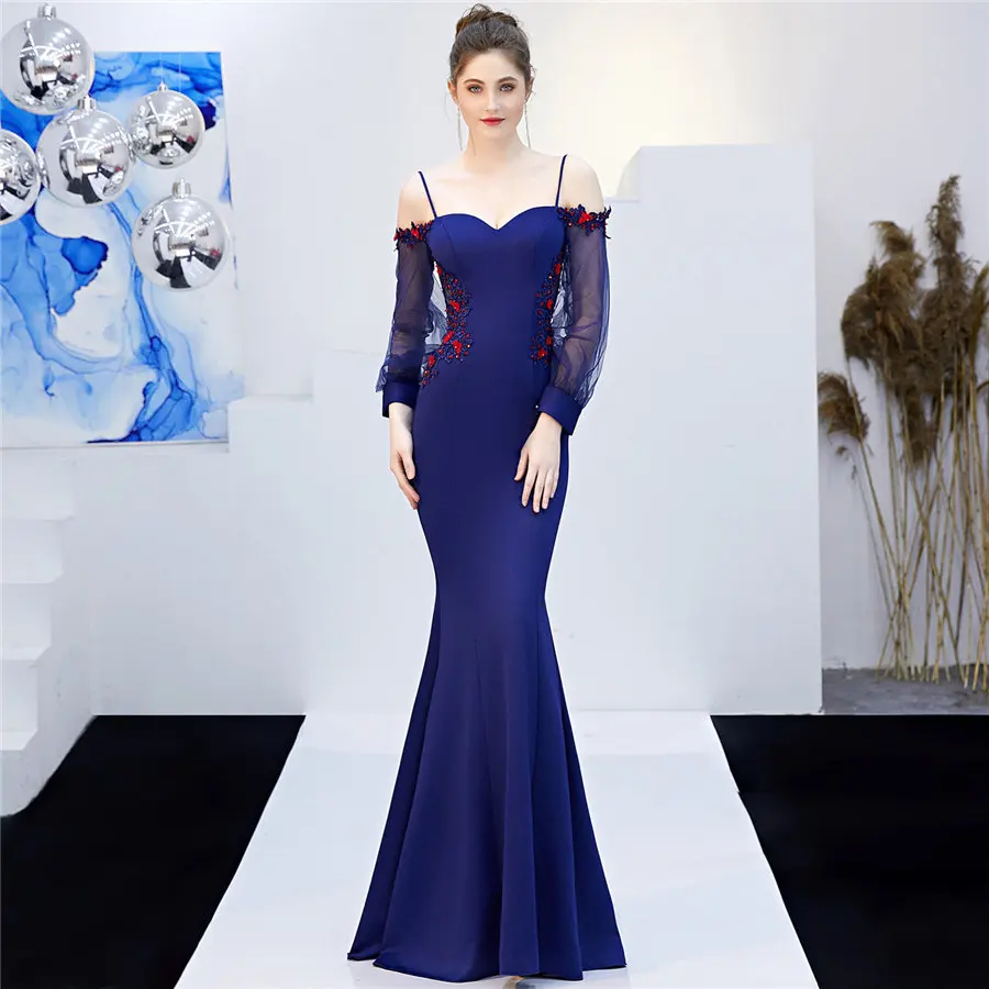 С длинным рукавом Русалка вечернее платье размера плюс Robe De Soiree DX268-1 тонкое женское вечернее платье сексуальные слинг вечерние платья с открытой спиной - Цвет: Тёмно-синий
