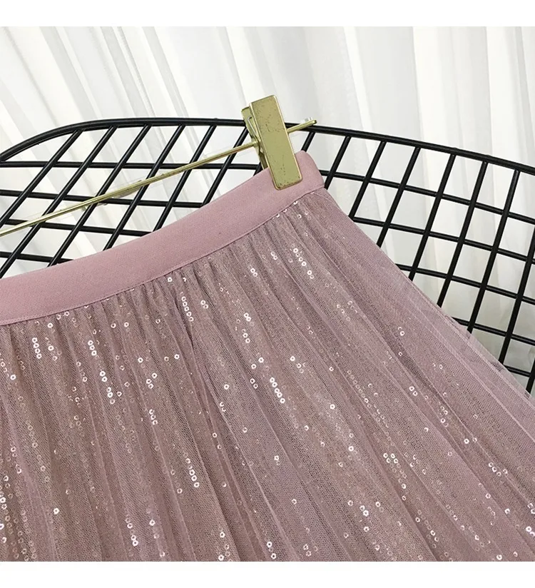 Spring Summer Skirts Women Korea Long Tulle Skirt Sequined Pleated A Line Midi Skirt Chic High Waist Skirt Female