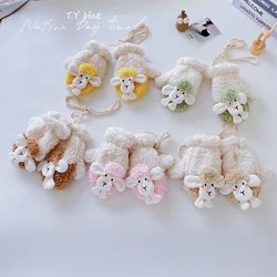 Winter Korean Cartoon Lamb Male And Female Lamb Wool Plus Velvet ThickWarm Hanging Neck Mitten Children's Gloves