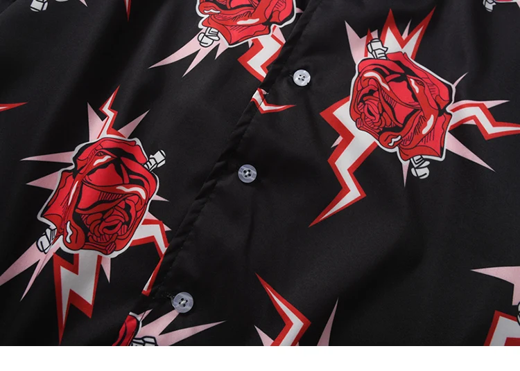 Hip Hop Shirt Streetwear Mens Hawaiian Shirt Red Rose Harajuku Floral Spring Summer Beach Shirt Hawaii Thin Short Sleeve
