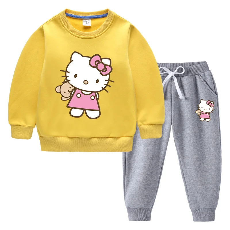 thumbnail image 1 of Traje de pantalón cálido de manga larga para niños de Hello Kitty, suéter acolchado de terciopelo para niños y niñas + traje de dos piezas con pantalones informales, 1 of 5