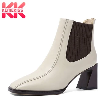 

KemeKiss Real Leather Women Ankle Boots Fashion Patchwork Square Toe Shoes Women Casual Thick Heel Female Footwear Size 34-40