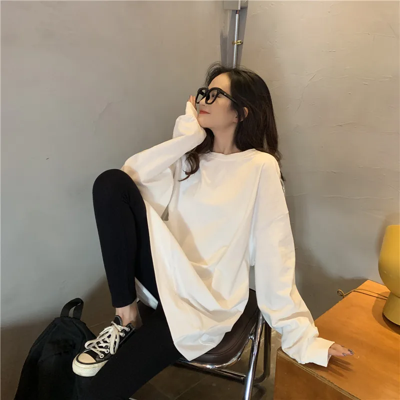 Comprida em Torno do Pescoço Camisa de Fundo Primavera Outono Novo Estilo Longo Solto Fino Cor Sólida Manga Camiseta Feminina Simples Moda 2021 31 do pescoço camiseta feminina simples camisa de fundo moda