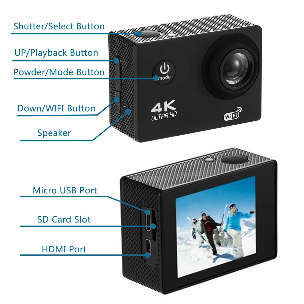 4K WiFi Спортивная камера 720P HD Экшн Водонепроницаемая видеокамера 5 Мп 170 градусов