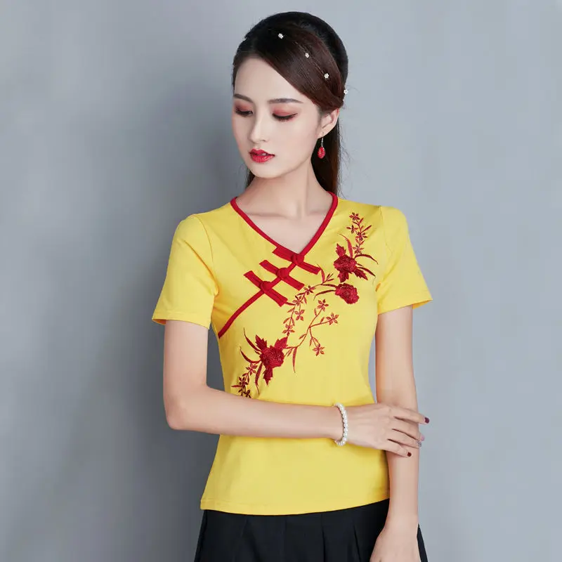 Cheongsam Womens Plus Size Short Tops Summer Fashion Cotton Blend Embroidery Cheongsam Slim fit Chinese Qipao Shirts Woman