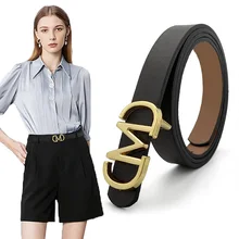 

Fashion Women's Pu Leather Thin Belt Simple With M-shaped Buckle Waist Strap Decoration Girdle White Suit Pants Dress Waistband