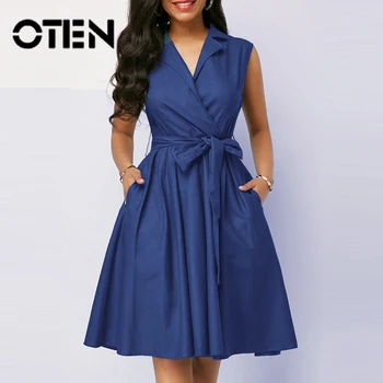 

OTEN Casual Solid Color Polo Sleeveless Women Dresses Sashes Office High Waist 2019 Summer V-Neck Plus Size A-Line Vintage Blue