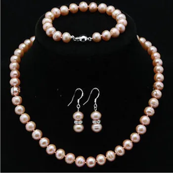 

Free shipping Wholesale price +Genuine AAA Cultured Freshwater 7-8mm ROUND pink Pearl Necklace set 18" 8"