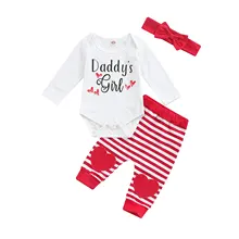 

Valentine's Day 3Pc Casual Set Letter Print Round Neck Long Sleeve Bodysuit Striped Trousers Bow Headband Baby Girls 0-18 Months