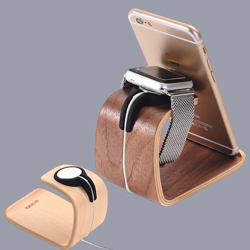 

For iWatch Watch Mobile Phone Display Stand Dual Use Smartphone Watch Desktop Wooden Bracket Stand