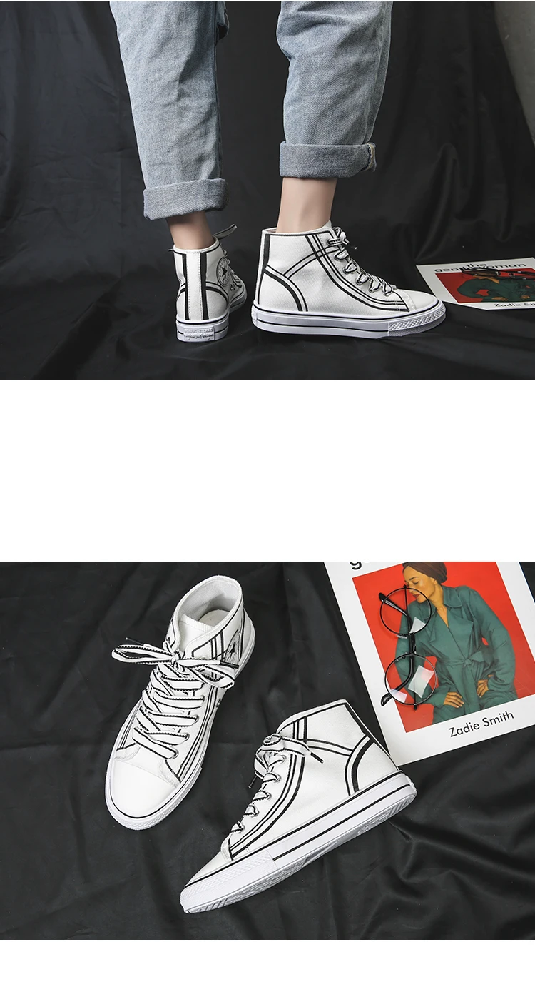 White Women High-top Canvas Shoes Black Comfortable Sneakers Vulcanize Casual Shoes Chaussure Lace-up Ladies Trainers Footwear