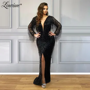

Sexy Tassel Beading Black Party Dress 2020 Couture Dubai Arabic Evening Gown High Front Side Mermaid Prom Dress Robe De Soiree