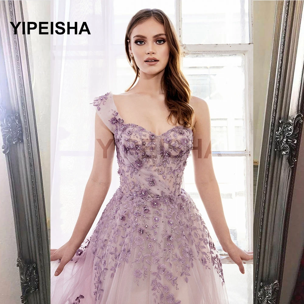 

Elegant Sweet Light Purple Long Evening Dresses One-Shoulder 3D Tulle Flowers Lace Appliques Beaded Formal Princess Gown