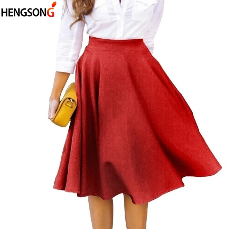 Casual Empire Waist Pleated Skirts Women Fashion Solid Knee-Length Skirts plus size faldas mujer moda