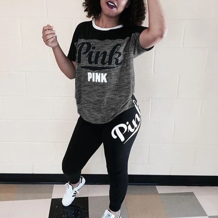 

Plus Size 2 Piece Set Pink Letter Print Summer Casual Clothing Women Tracksuit Short Sleeve Tops+ Pants Skinny Streetwear XXXL