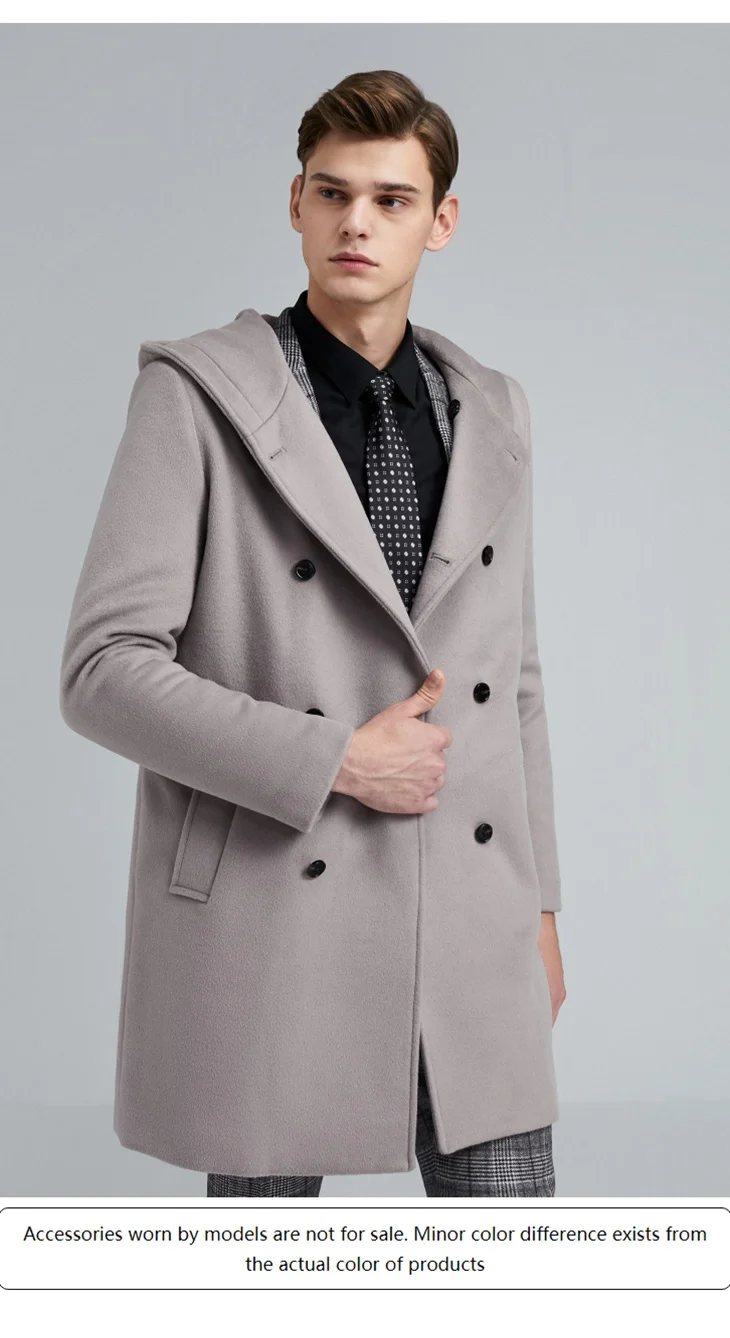 Мужское шерстяное пальто средней длины с капюшоном | 419427522
