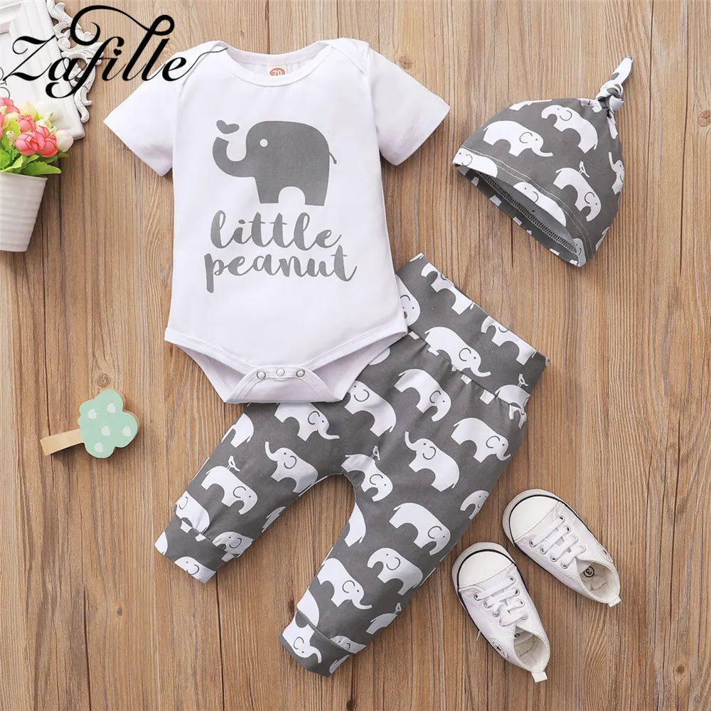 ZAFILLE Baby Boy Clothes Set 3pcs Gray Cartoon Elephant Clothes For