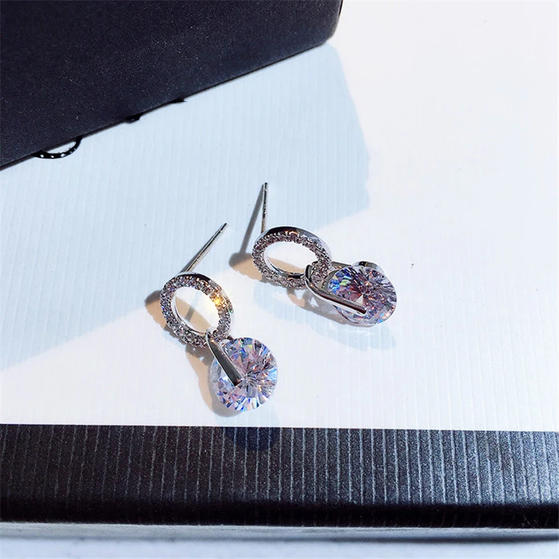 Милые женские белые круглые серьги-гвоздики Роскошные модные 925 серебряные свадебные украшения двойные хрустальные циркониевые серьги для женщин