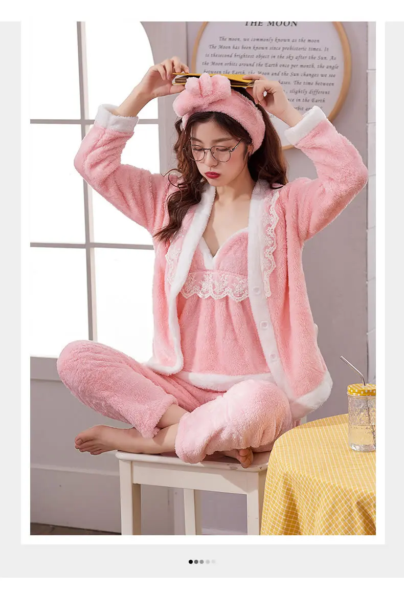 Фланелевые женские пижамы, одежда для сна, зимние пижамы для женщин, пижамы, толстые, теплые, для сна, для отдыха,, розовая ночная одежда, 4 шт., домашняя одежда