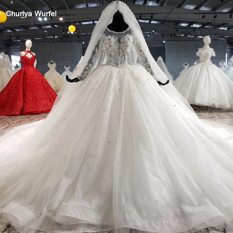 

HTL1005 like white luxury wedding gowns in women 's dresses o-neck sequin lace long wedding dress with veil vestido de noiva
