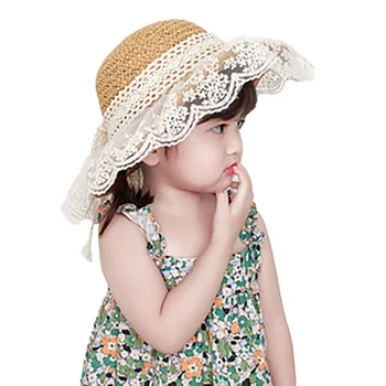 

Baby Girls Sun Hats Summer Flowers Bow Straw Hat Children'sWide Brim Bohemia Beach Cap