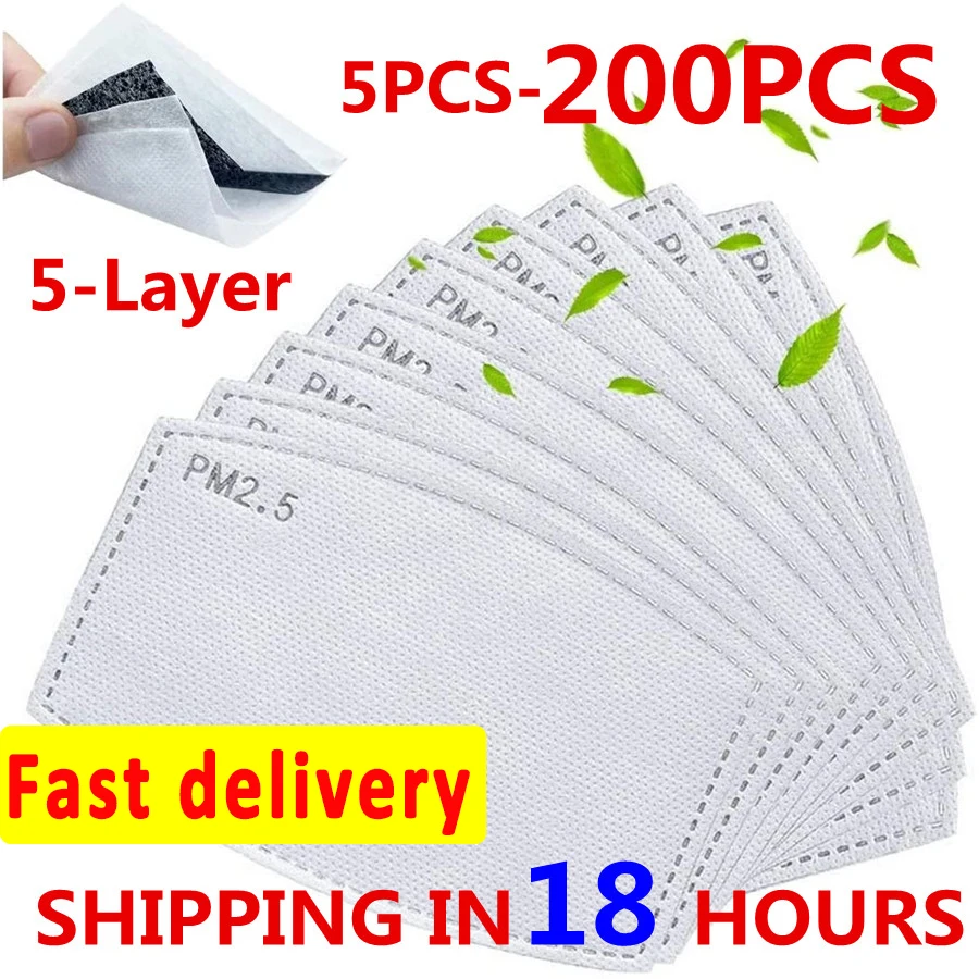 5-200 Uds. De 5 capas PM2.5 para mascarilla, almohadillas filtrantes para mascarilla, filtro para la boca, almohadilla protectora amigable con la piel, antipolvo para niños y adultos