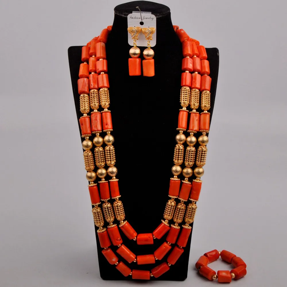 

Orange Natural Coral Bead Nigeria Wedding Women's Wedding Jewelry Necklace African Bride Dress Accessories Set AU-359