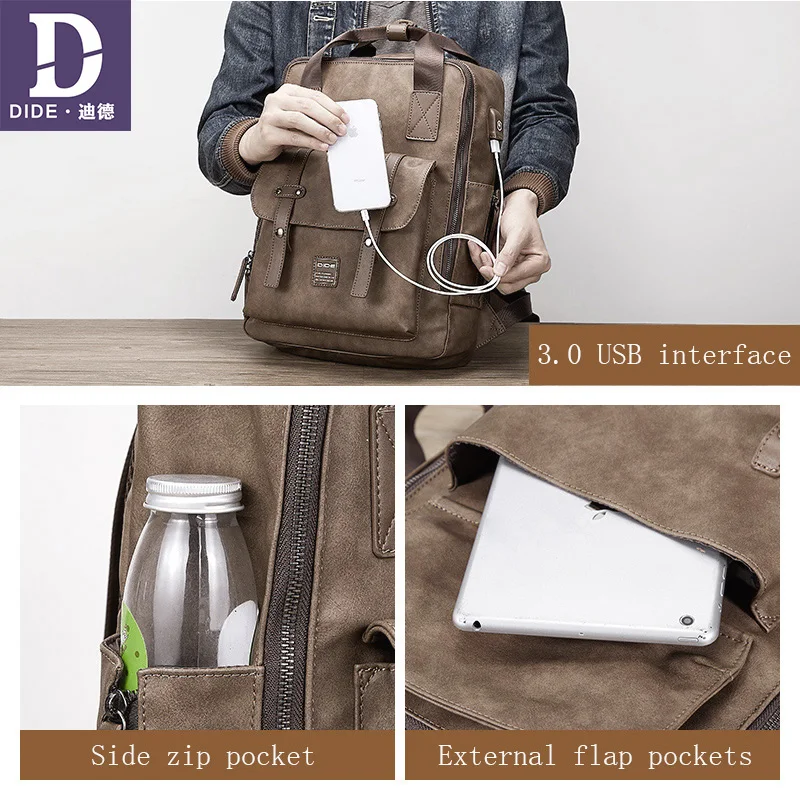 DIDE Новый 15 дюймов Мужской винтажный кожаный USB рюкзак для ноутбука женский