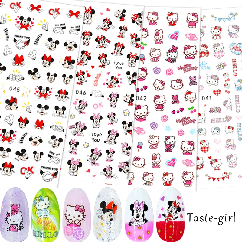 

4 Sheets 3D Nail Slider cute cartoon Cat Mickey Nail Stickers Decals Adhesive Manicure Tips Nail Art Decorations EB#
