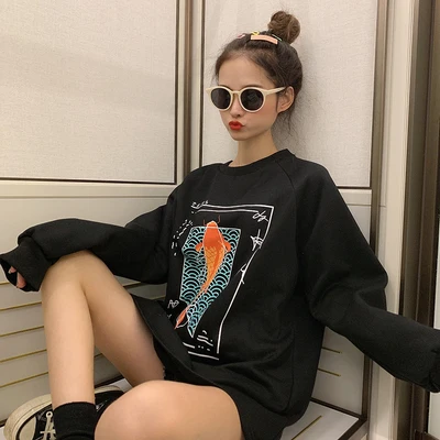 Женские кофты японский Harajuku Ulzzang Koi с длинным рукавом свободный свитер женский корейский кавайный милый одежда для женщин - Цвет: Черный