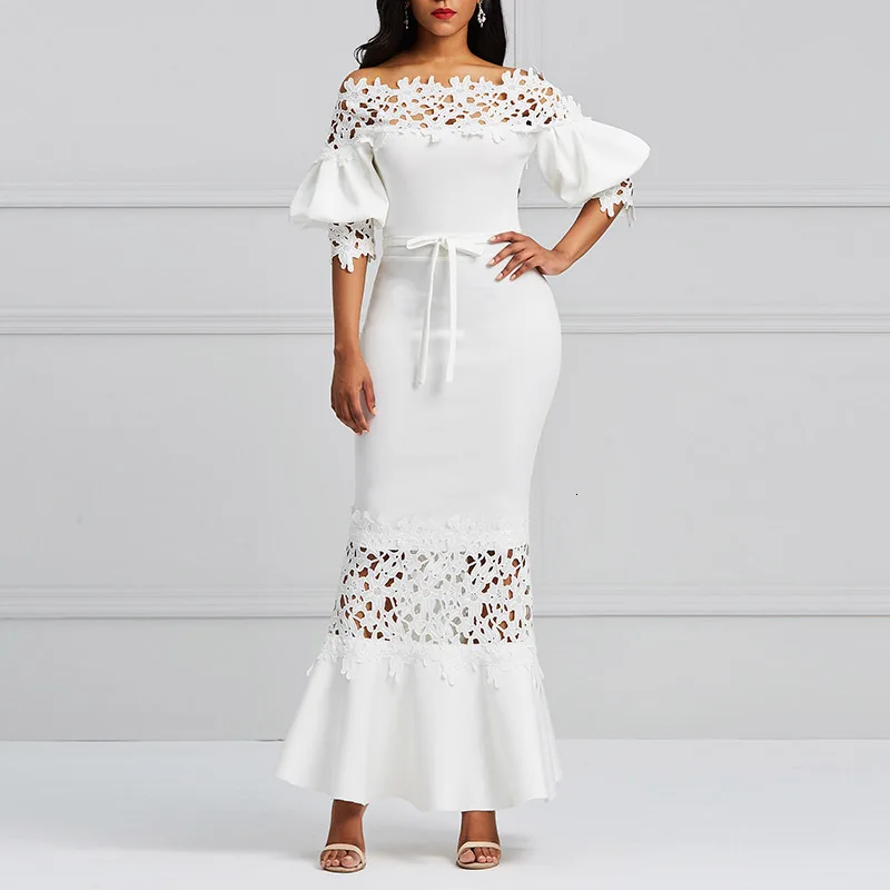 Summer Fall Women Hollow Out Office Work Dress Ladylike Midi White Bodycon Dress Sheath Fashion Puff Sleeve Lace Dress
