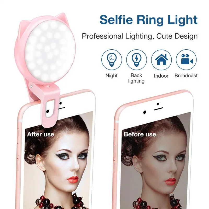 

Clip ON Selfie Light Ourry Again Kitty FILL IN Camera Ring Light Adjustable 32 LED 9 Light Effects for iPhone Android Cell Phone