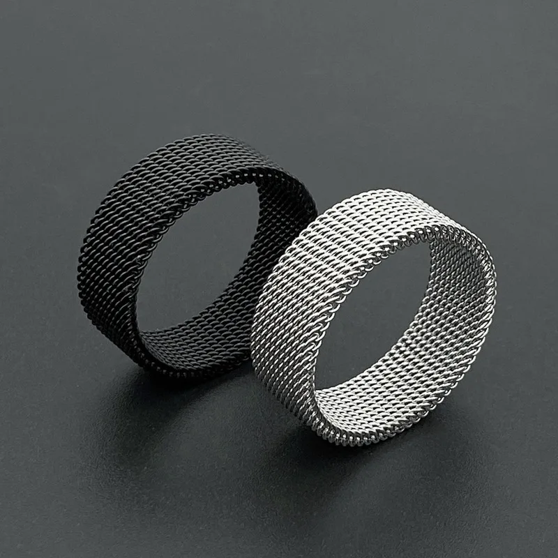 Stainless Steel Ring Finger Ring Gold Color Ring 8MM Mesh for Men and Women Size 7-10#