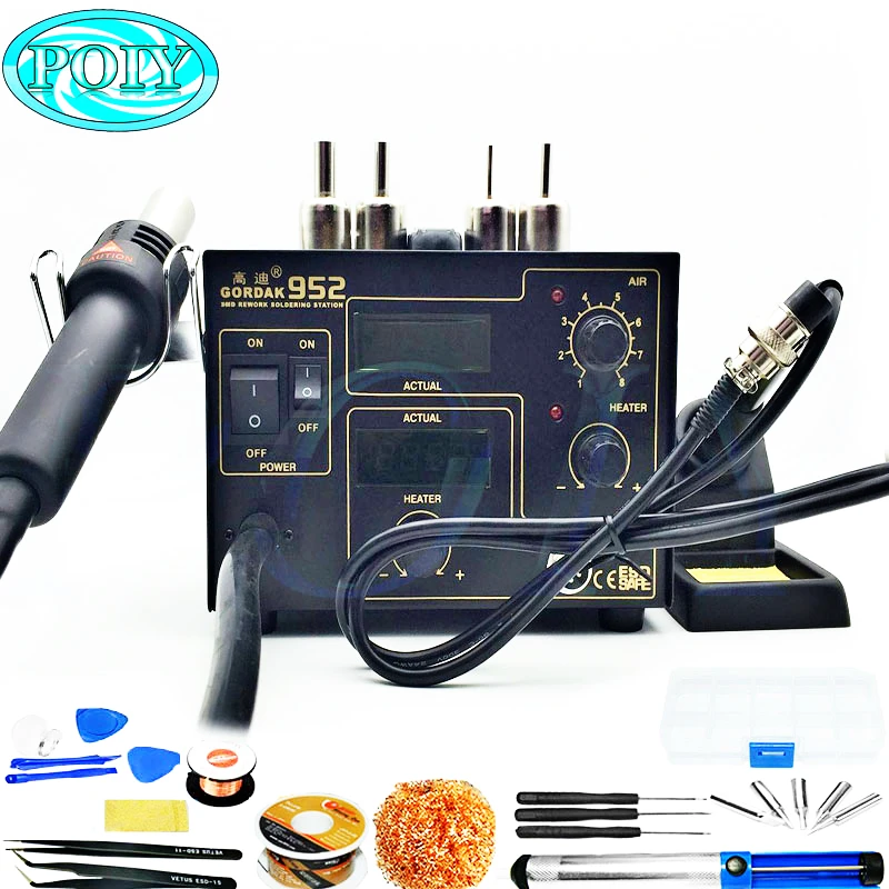 

Gordak 952 220V SMD Hot Air Rework Solder Desoldering Station Heat Gun + Electric Soldering Iron
