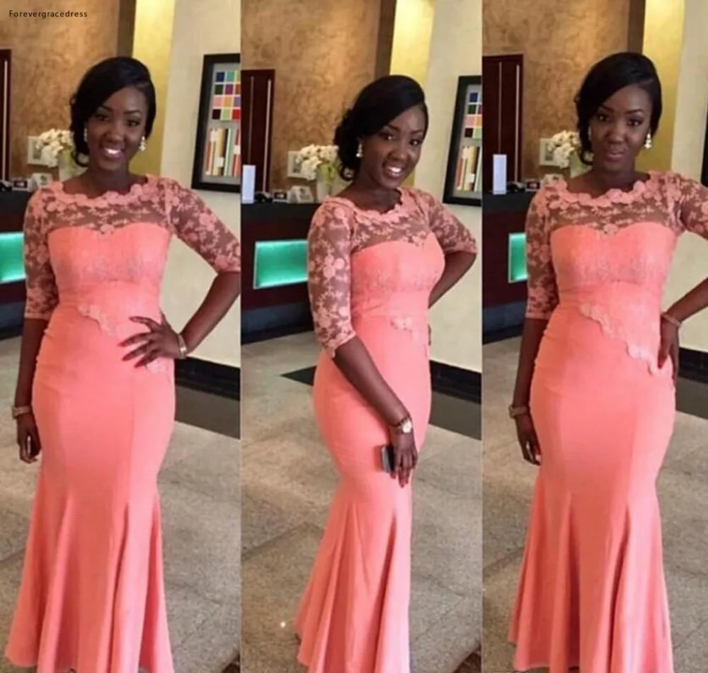 2018 Sexy Pink Sheer Neck Mermaid Bridesmaid Dresses Satin Half Sleeves Lace Appliques Long Maid of Honor Gowns Plus Size Custom Made  89