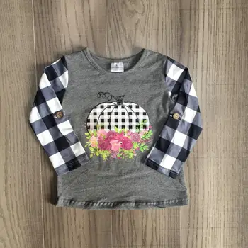 

children girls Fall / Autumn raglans Girls Halloween raglans floral pumpkin top kids plaid sleeve shirt