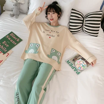 

2020 New Women Pajama sets Girl Long Sleeve T-shirt Pant Home Suit Stitching Mint Green Pajamas Suit