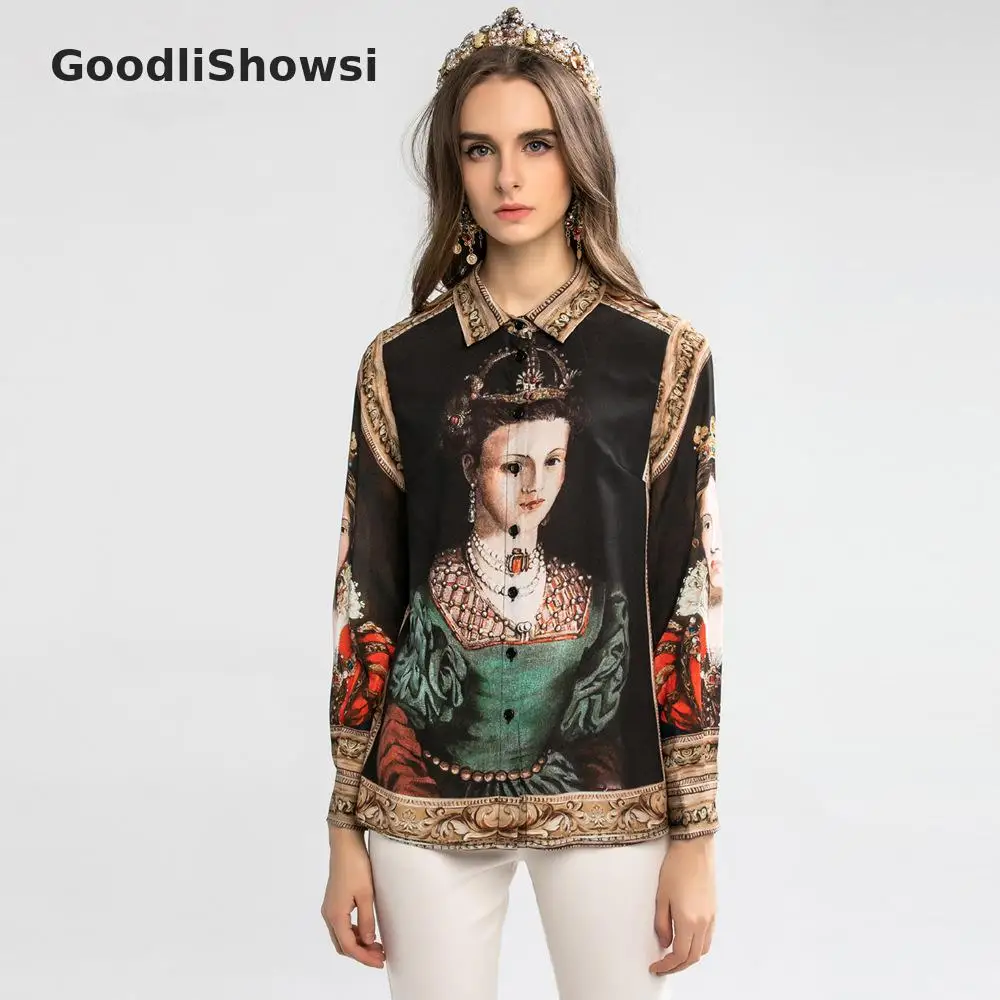 GoodliShowsi, западный стиль, Ретро стиль, женская рубашка с рисунком, отложной воротник, однобортный, длинный рукав, модные повседневные топы