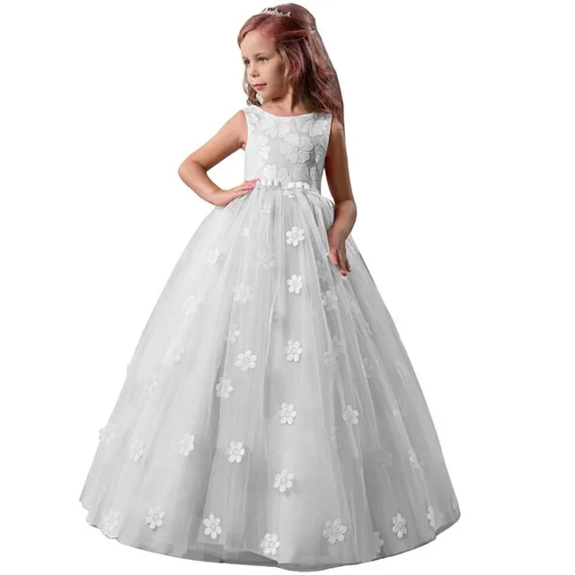 Летнее праздничное платье подружки невесты с аппликацией для девочек Детские платья для девочек, детское торжественное платье принцессы Свадебное платье для детей 10-12 лет - Цвет: White