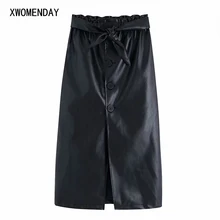 Черная кожаная юбка миди для женщин, галстук-бабочка, пояс, карманы, эластичная талия, юбка, простая, шикарная, офисная, блестящая, дикая, карандаш, уютная нижняя часть