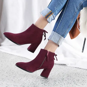 

Big Size Pure bow tie with pointed head and thick heel zipper boots